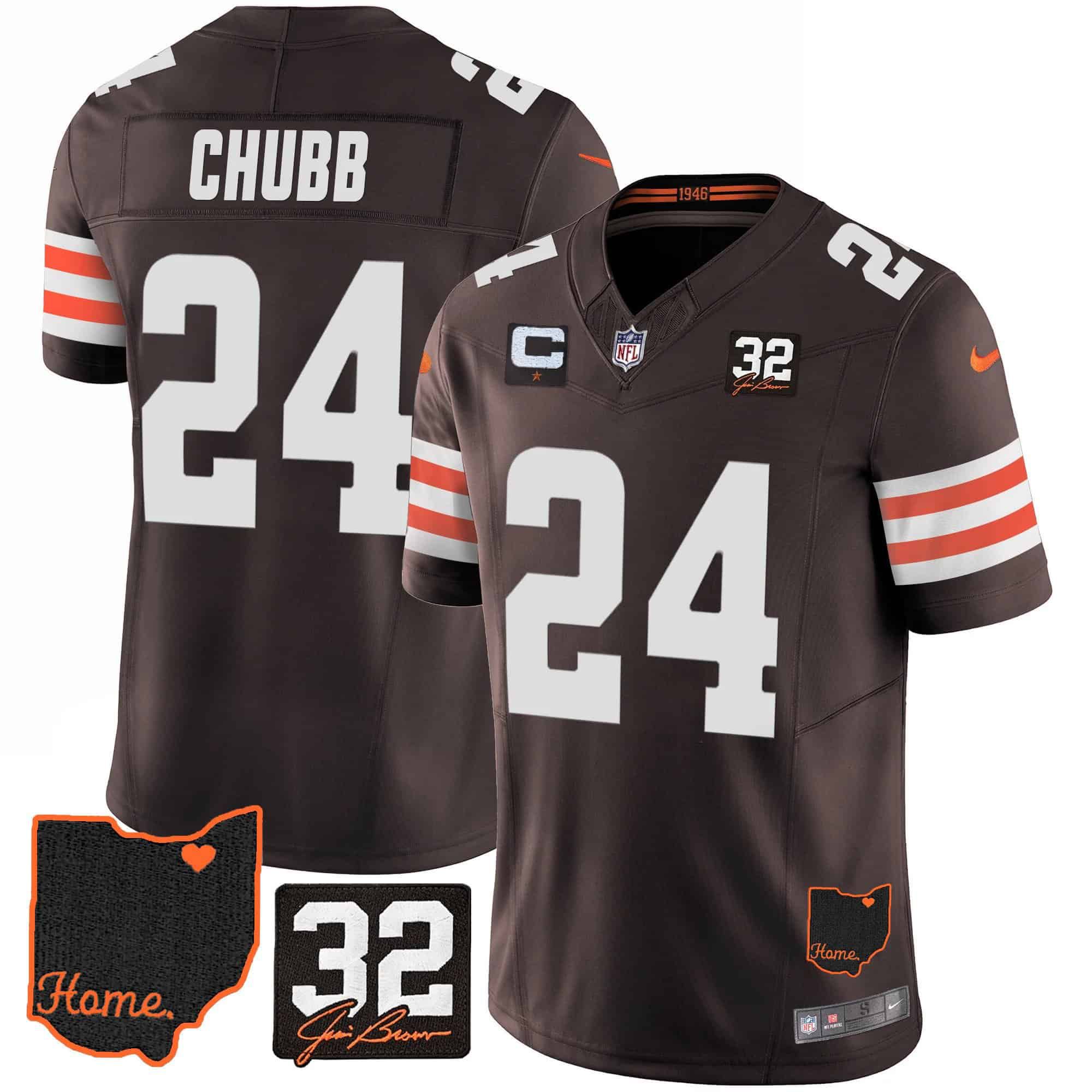 Men Cleveland Browns 24 Chubb Brown Memorial Home Patch 2024 Nike NFL Jersey style 1